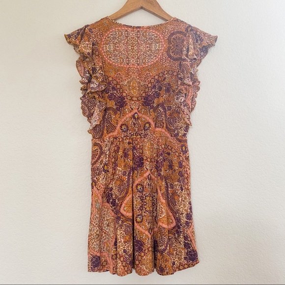 Weavers Mini Dress XS Brown Red Ruffle V-Neck Elastic Waist Festival Boho Summer - Picture 2 of 7